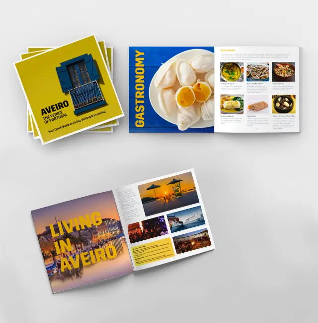 Mockup do e-book gratuito Aveiro - A Veneza de Portugal, com seções de gastronomia e vida em Aveiro, para download no placetobehappy.pt
